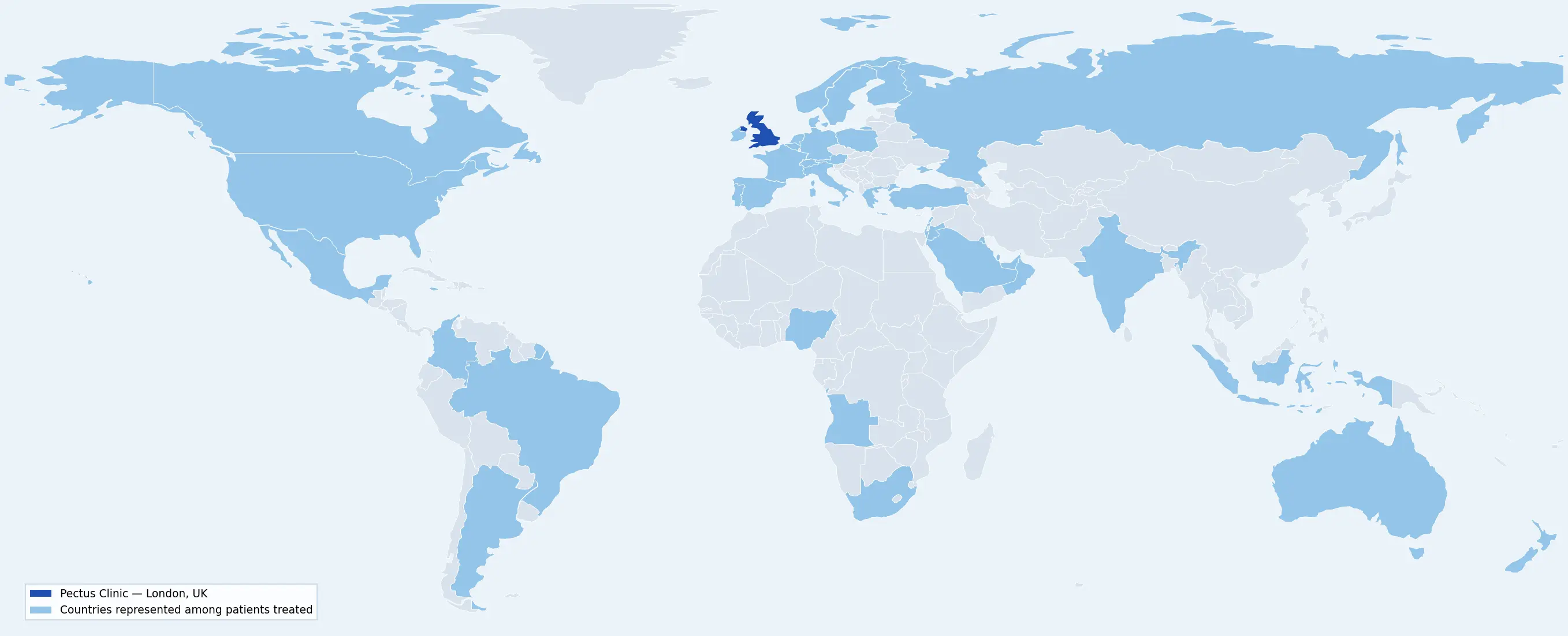 World map showing countries of patients treated at the Pectus Clinic