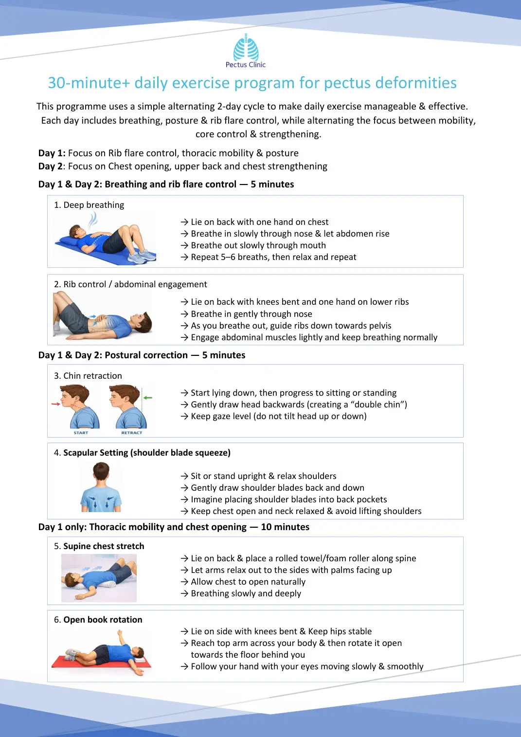 30-minute pectus exercise programme — page 1: breathing, posture, thoracic mobility