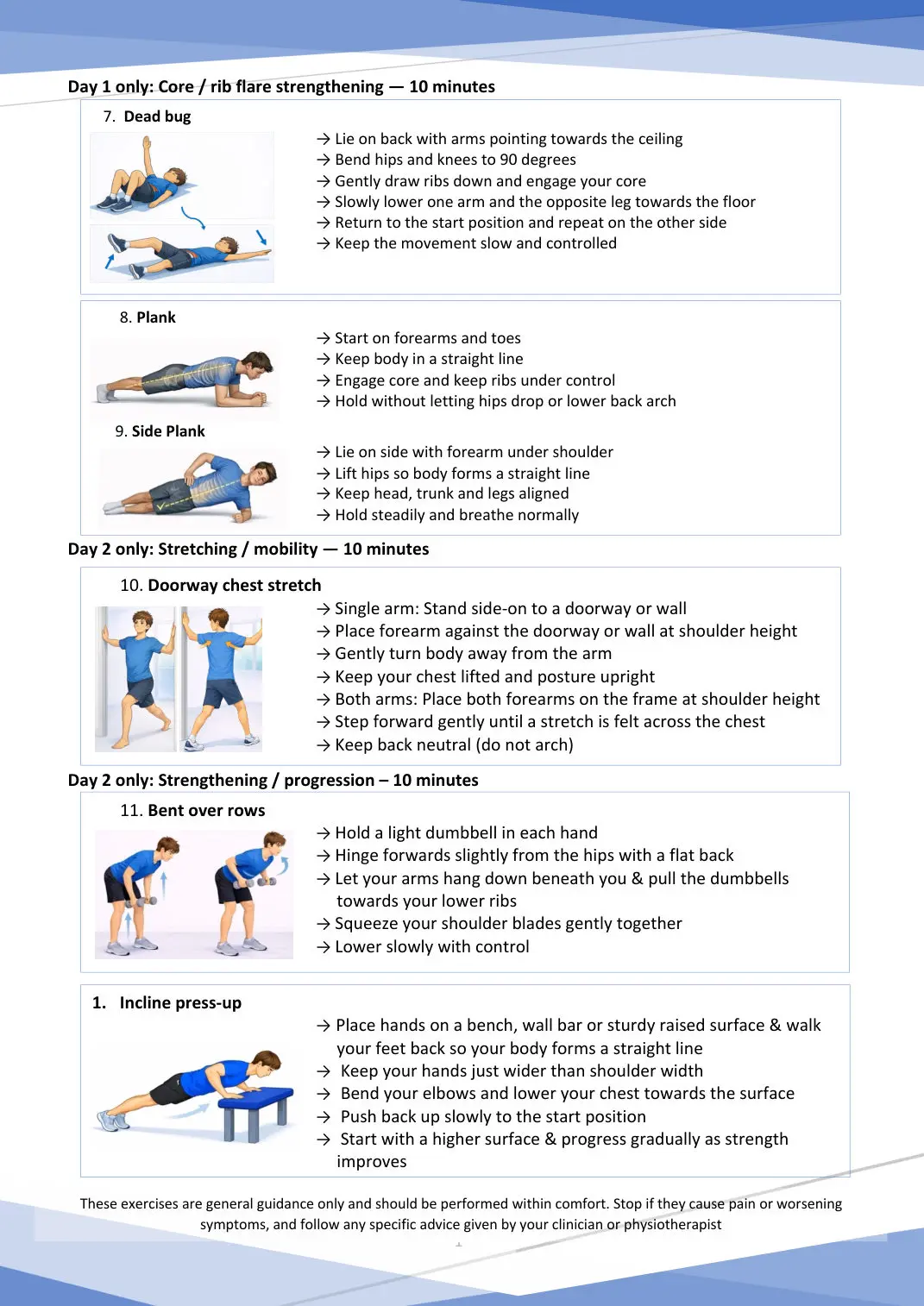 30-minute pectus exercise programme — page 2: core, strengthening, mobility